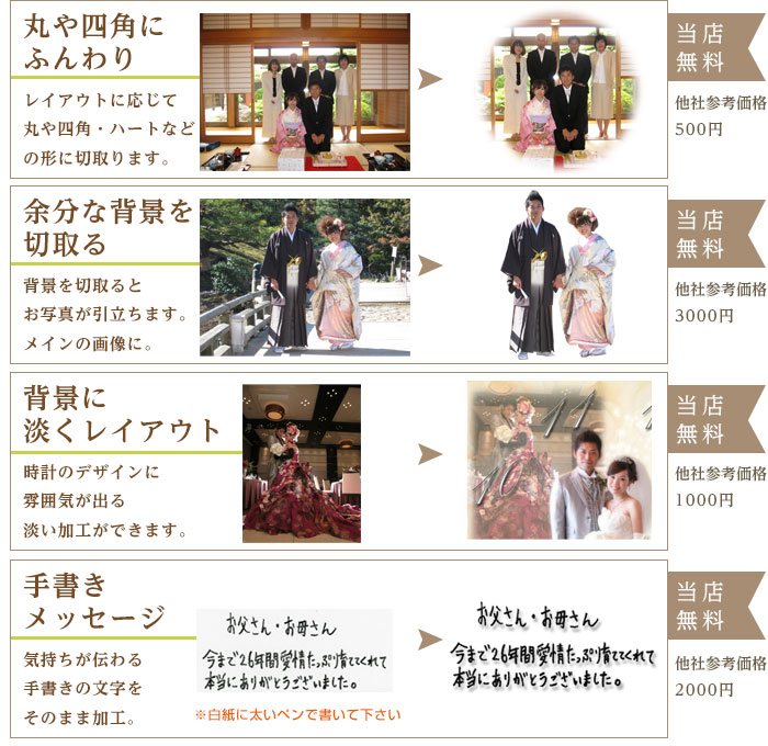 こだわりの画像加工＜結婚式両親へのプレゼント・ウェディングキフト・ブライダル贈呈ギフト・披露宴の記念品・贈り物に人気の『しあわせの時計』＞